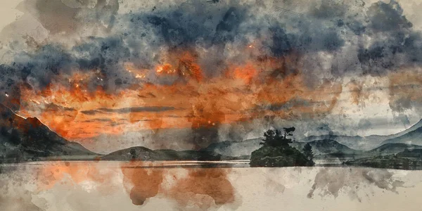 Digitale Aquarel Schilderij Van Panorama Landschap Prachtige Zonsopgang Boven Meer — Stockfoto