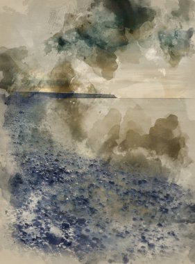 Çapraz işlenmiş vintage tarzının dijital suluboya tablosu uzun süre açık deniz manzarası