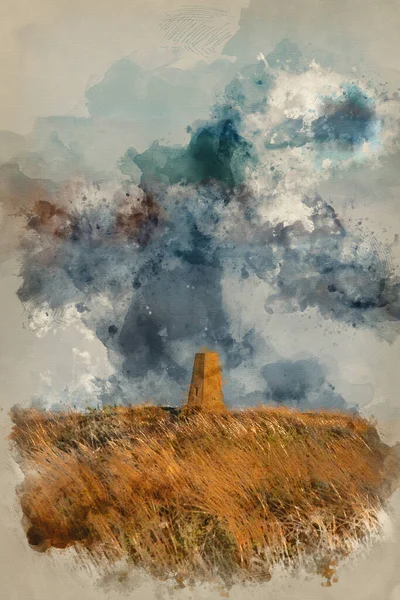 Digital Watercolour Painting Beautiful Summer Sunset Landscape Image Trig Point — Stock Photo, Image