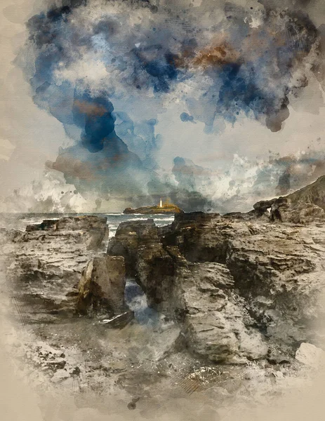 Digitale Aquarel Schilderij Van Prachtige Zonsopgang Landschap Beeld Van Godrevy — Stockfoto