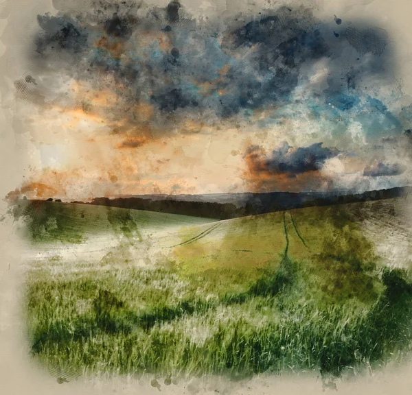 Digital Watercolour Painting Dawn Sunrise Landscape Beautiful Rural Countryside Landscape — Fotografia de Stock