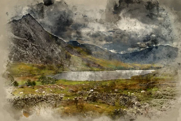 Digital Watercolour Painting Beautiful Landscape Image Countryside Llyn Ogwen Snowdonia — стокове фото