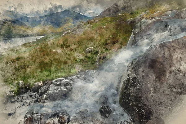 Digital Watercolour Painting Beautiful Landscape Image Stream Llyn Ogwen Snowdonia — Fotografia de Stock