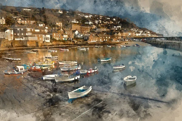 Digitaal Aquarel Schilderij Van Een Traditioneel Cornish Vissersdorp Haven Cornwall — Stockfoto