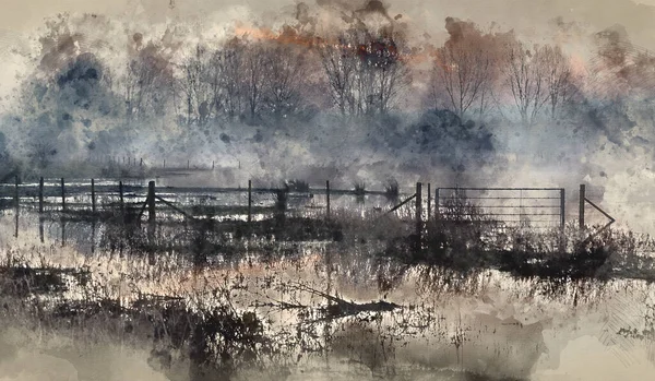 Digital Watercolour Painting Beautiful Tranquil Landscape Lake Mist — Stock Photo, Image