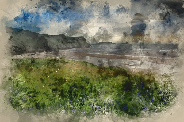Digital Watercolour Painting Summer Landscape Worm Head Rhosilli Bay Wales — Fotografia de Stock