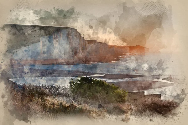 Digital Watercolour Painting View Seaford Head Seven Sisters Sunrise — Stock Photo, Image