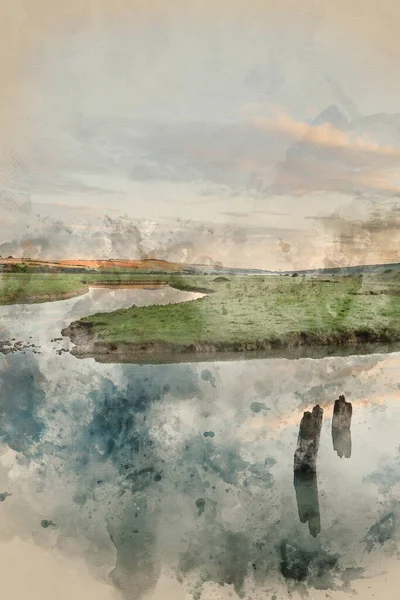 Digitale Aquarel Schilderij Van Prachtige Zonsopgang Landschap Engels Platteland Met — Stockfoto