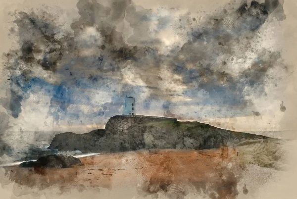 劇的な空と雲の形成を持つビーチからのTwr Mawr灯台の風景のデジタル水彩画 — ストック写真