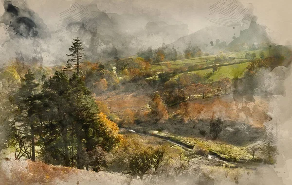 Цифровая Акварельная Картина Туманного Осеннего Пейзажа Над Сельской Местностью Озерном — стоковое фото