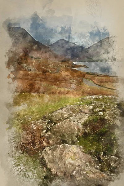 Digital Watercolour Painting Stunning Sunset Landscape Image Wast Water Mountains — Stock Photo, Image