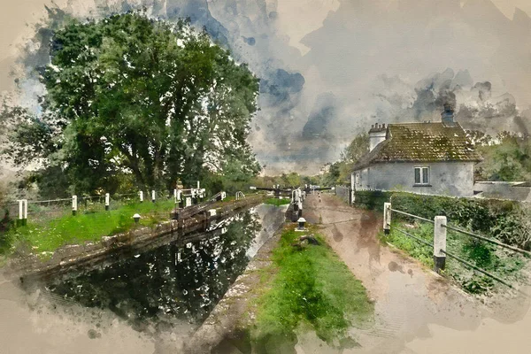 Digital Watercolour Painting Denham Lock Grand Union Canal Denham Colne — Stockfoto