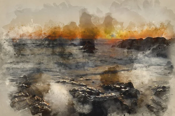 Digital Watercolour Painting Beautiful Sunset Landscape Image Calm Sea Rocky — Fotografia de Stock
