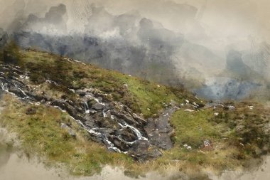 Snowdonia 'daki Glyders dağlarındaki Llyn Idwal' ın dijital suluboya tablosu.