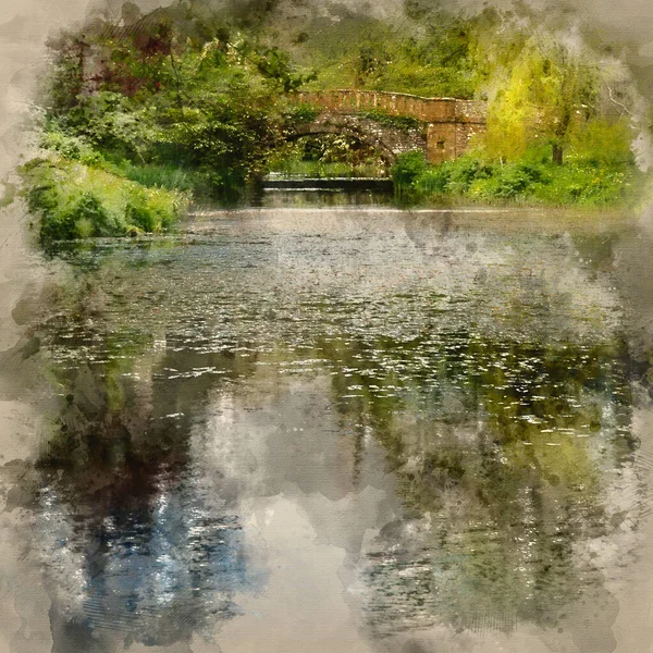Digital Watercolour Painting Stunning Landscape Image Old Medieval Bridge River — Fotografia de Stock