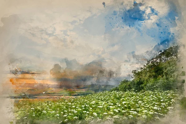 Digital Watercolour Painting Beautiful Sunset Landscape Image English Rolling Countryside — Fotografia de Stock