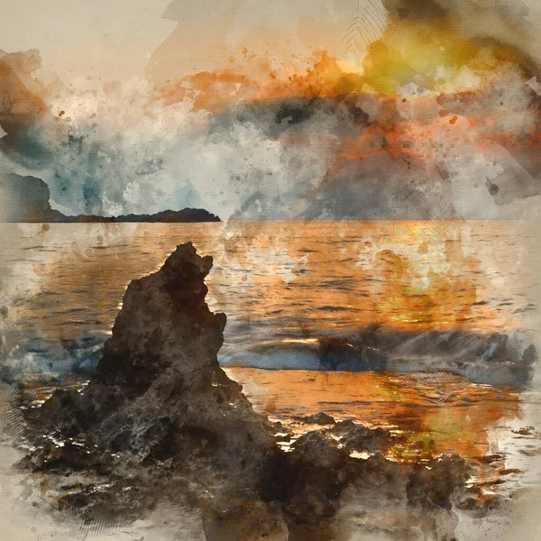 Cyfrowe Malarstwo Akwarelowe Świtu Sunrise Krajobraz Nad Pięknym Skalistym Wybrzeżem — Zdjęcie stockowe
