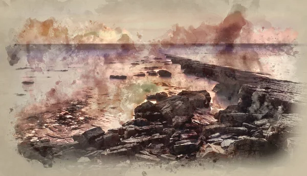 Digital Watercolour Painting Stunning Toned Landscape Seascape Coastline Rocky Shore — стоковое фото