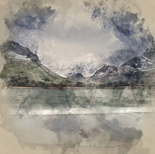 Digital Watercolour Painting Beautiful Sunrise Landscape Image Winter Llyn Nantlle — Zdjęcie stockowe