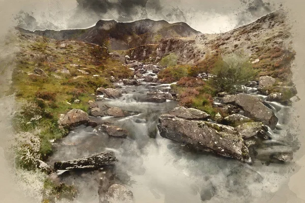 Digital Watercolour Painting Landscape Image River Flowing Mountain Range Llyn — Stockfoto