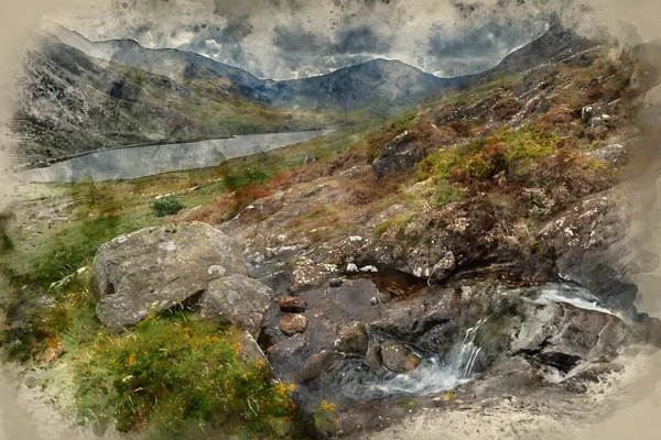 Digital Watercolour Painting Beautiful Landscape Image Stream Llyn Ogwen Snowdonia — Stockfoto