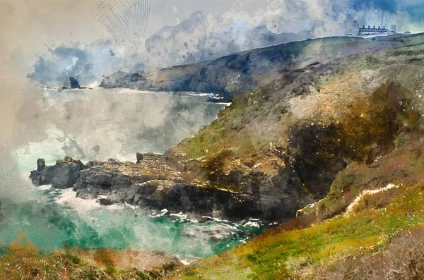 Digital Watercolour Painting Lizard Point Lighthouse Most Southerly Point Britain — Stock Photo, Image