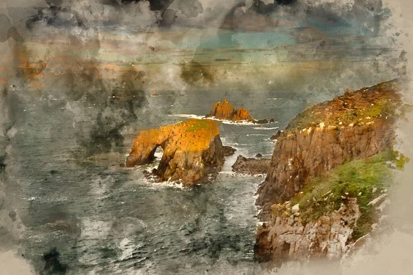 Digital Watercolour Painting Stunning Sunrise Landscape Land End Cornwall England — Foto de Stock