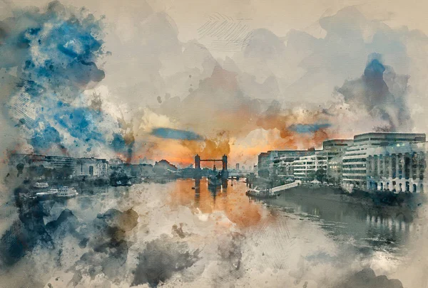 Digitális Akvarell Festmény Lenyűgöző Őszi Napkelte Felett Tower Bridge River — Stock Fotó