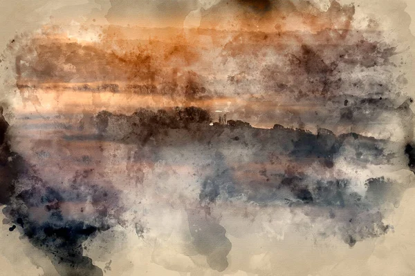 冬季日出时美丽的雾蒙蒙的英国乡村风景的数字水彩画 图层在田野中滚动 — 图库照片