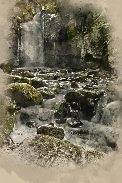 Digitální Akvarel Malba Vodopádu Lesní Krajině Dlouhá Expozice Tekoucí Mezi — Stock fotografie