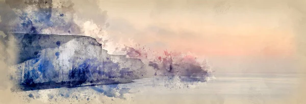 Digital Watercolour Painting Panorama Landscape Sunrise Seven Sisters South Downs — Stock Photo, Image