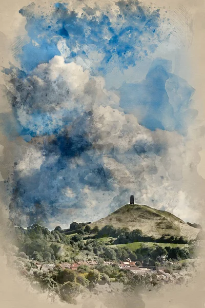Digital Watercolour Painting Landscape View Glastonbury Tor Summer Day — Stock Photo, Image