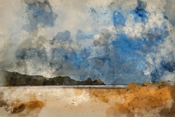 黄色沙滩上美丽夏日清晨风景的数码水彩画 — 图库照片