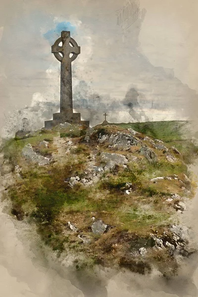 Cyfrowe Malarstwo Akwarelowe Celtic Cross Koncepcja Krajobraz Religii Ynys Llanddwyn — Zdjęcie stockowe