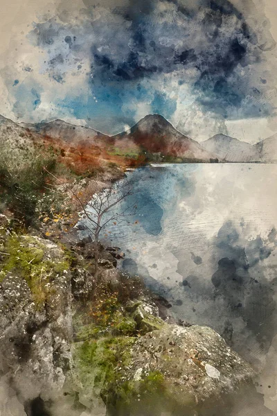 Digitaal Aquarelschilderij Van Prachtige Zonsondergang Landschapsbeeld Van Wast Water Bergen — Stockfoto