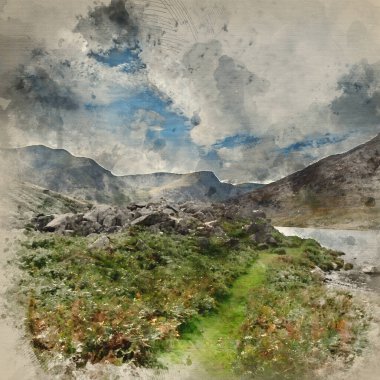 Sonbaharın başlarında Snowdonia 'daki Llyn Ogwen çevresindeki güzel manzaranın dijital suluboya resmi.