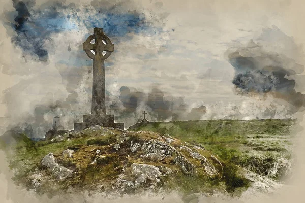 Digital Watercolor Painting Landscape Celtic Cross Ynys Llanddwyn Island Angelsey — Fotografia de Stock