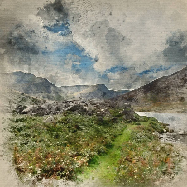 Digitális Akvarellfestés Gyönyörű Tájkép Körül Llyn Ogwen Snowdonia Kora Ősszel — Stock Fotó