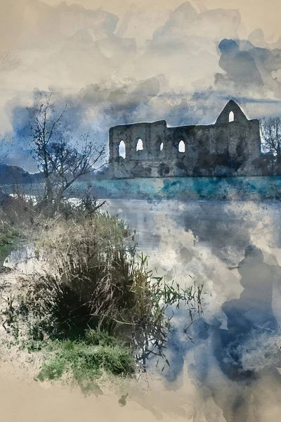 Digital Watercolor Painting Beautiful Dawn Landscape Priory Ruins Countryside Location — Stock Photo, Image