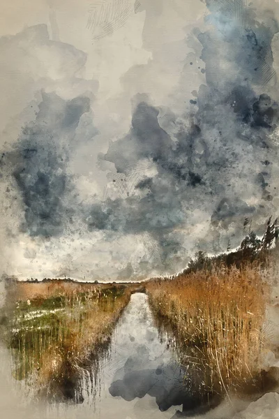 Digital Watercolor Painting Dark Dramatic Landscape Stormy Sky Wetlands — Zdjęcie stockowe