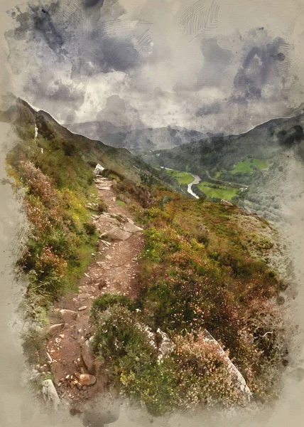 Digital Watercolor Painting Beautiful Landscape Image View Precipice Walk Snowdonia — Zdjęcie stockowe