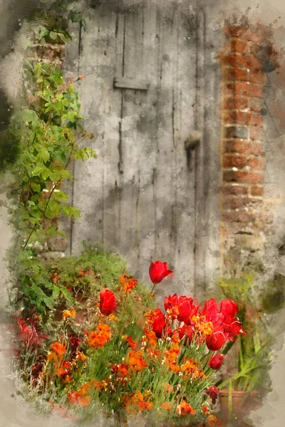 Aquarelle Numérique Paysage Jardin Campagne Anglais Été — Photo