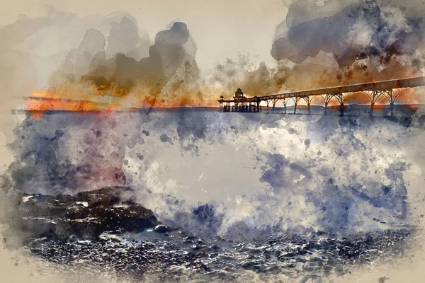 Digital Watercolor Painting Stunning Long Exposure Sunset Ocean Pier Silhouette — Foto Stock