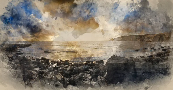 Digital Watercolor Painting Brandy Bay Sunset Landscape Dorset — стоковое фото