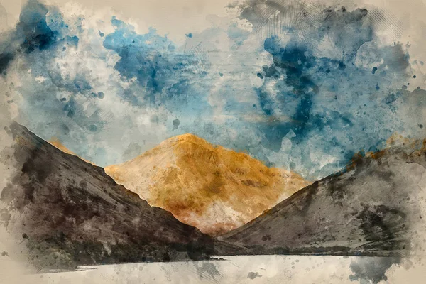 英格兰Lkae区陡峭落日山水景观图像的数字水彩画 — 图库照片