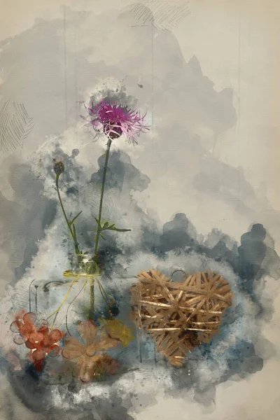 Cyfrowy Obraz Akwareli Piękny Dziki Kwiat Wazonie Sercem Martwa Natura — Zdjęcie stockowe