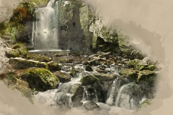 Digital Watercolor Painting Waterfall Forest Landscape Long Exposure Flowing Trees — Stock Fotó