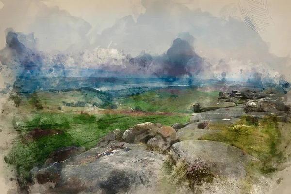 Digitální Akvarel Obrazu Ohromující Úsvit Východ Slunce Krajina Obraz Higger — Stock fotografie