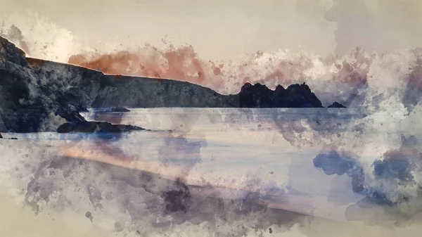 Digital Watercolor Painting Beautiful Colorful Sunrise Landscape Image Porthcurno Beach — Zdjęcie stockowe