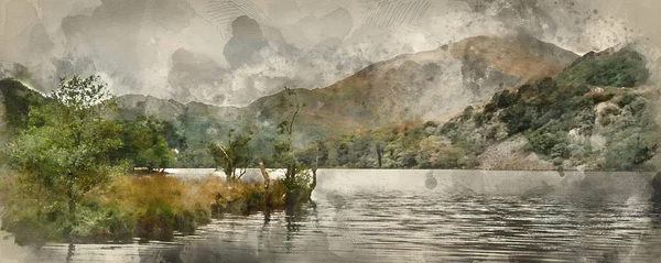 Digital Watercolor Painting Panorama Landscape Stunning Sunrise Lake Mountains Background — 스톡 사진